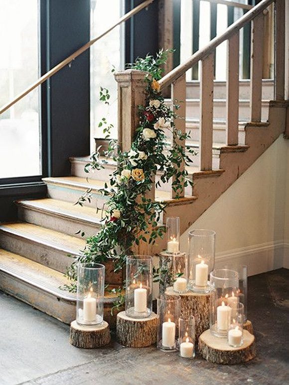Decoración de boda con velas 3 rodajas madera escalera