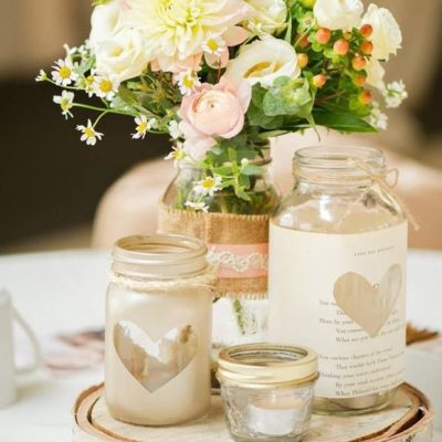Decoración de boda con corazones 3 centro mesa frasco cristal rodaja