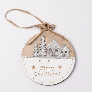 Colgante madera paisaje navideño purpurina