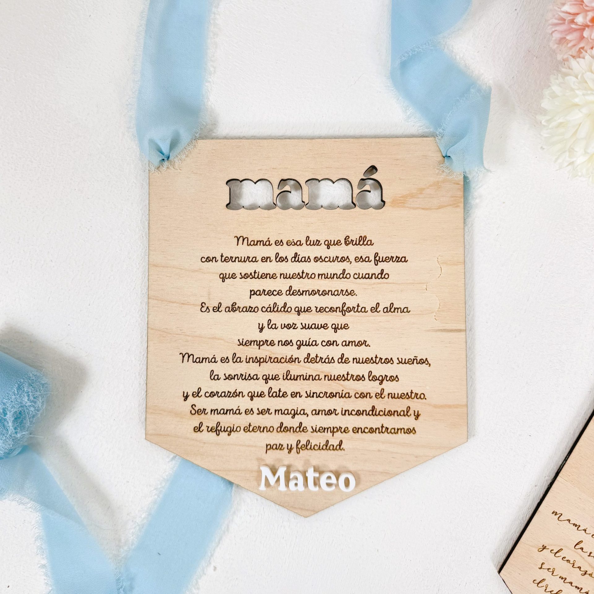 regalo para el día de la madre, banderín de madera con texto personalizado color azu