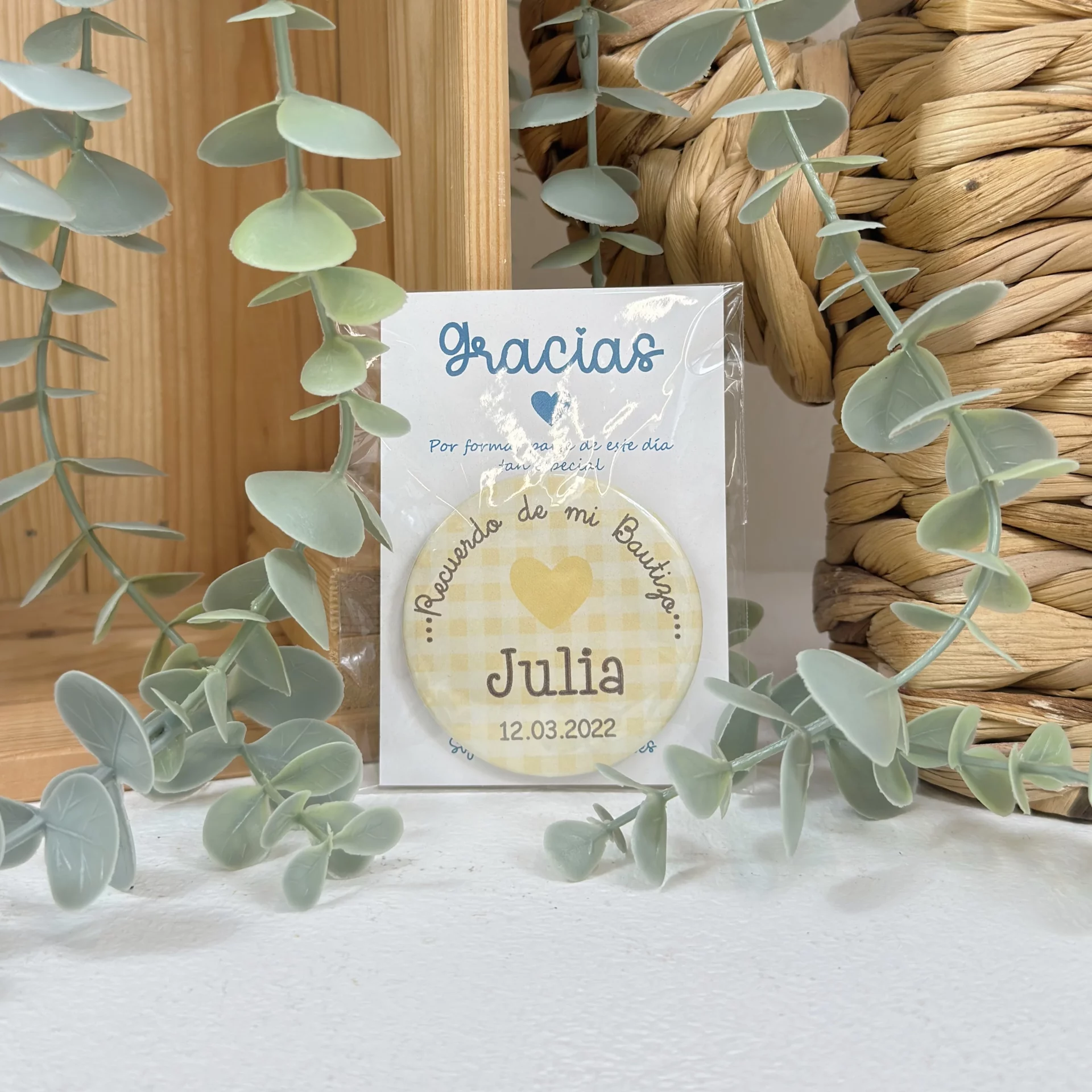 Chapas Imán Personalizadas Bautizo VICHY AMARILLO