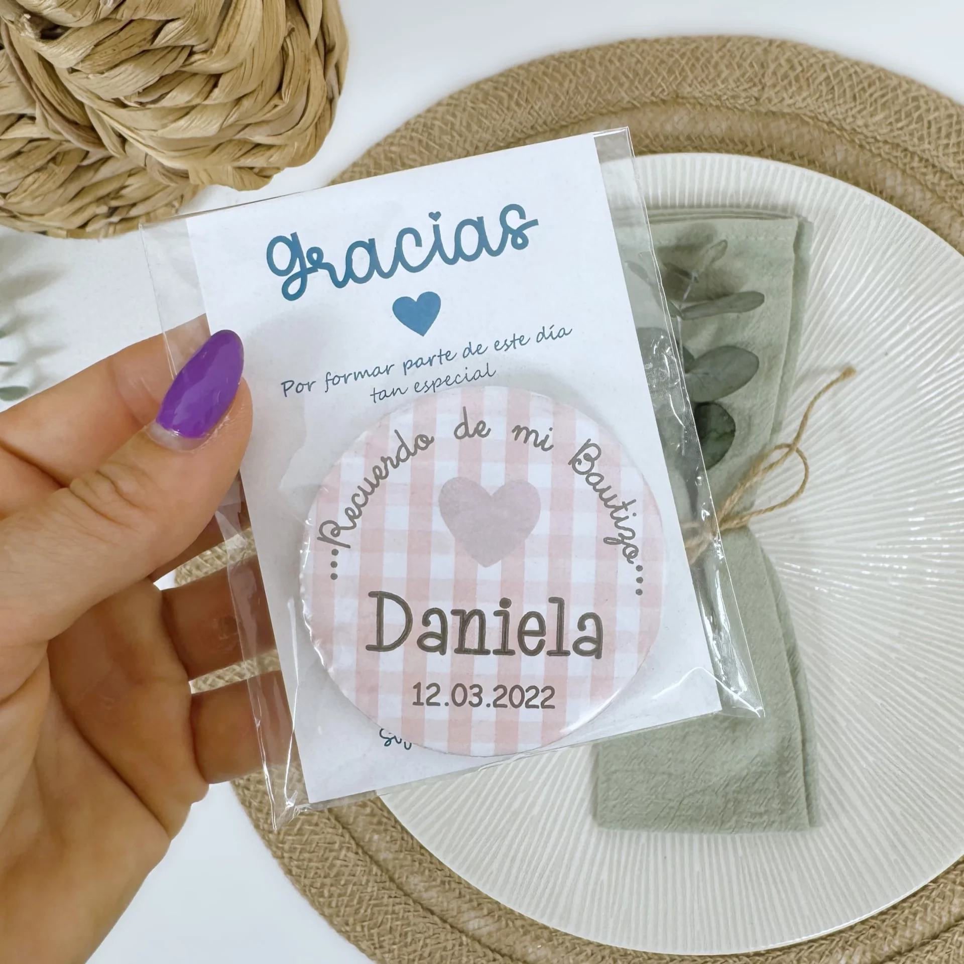 Chapas Imán Personalizadas Bautizo VICHY ROSA
