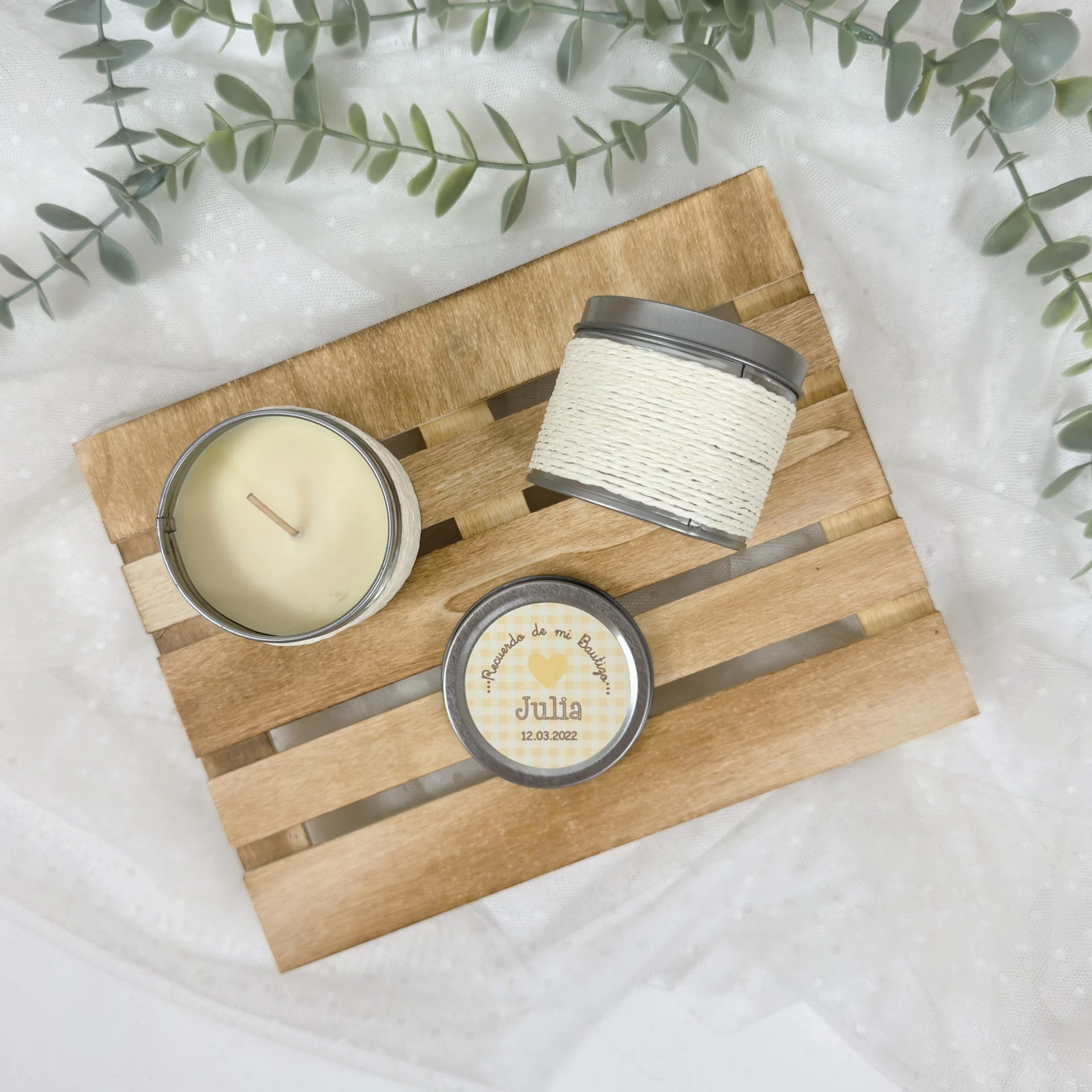 Vela Aromática Bautizo Personalizada CORAZÓN AMARILLO