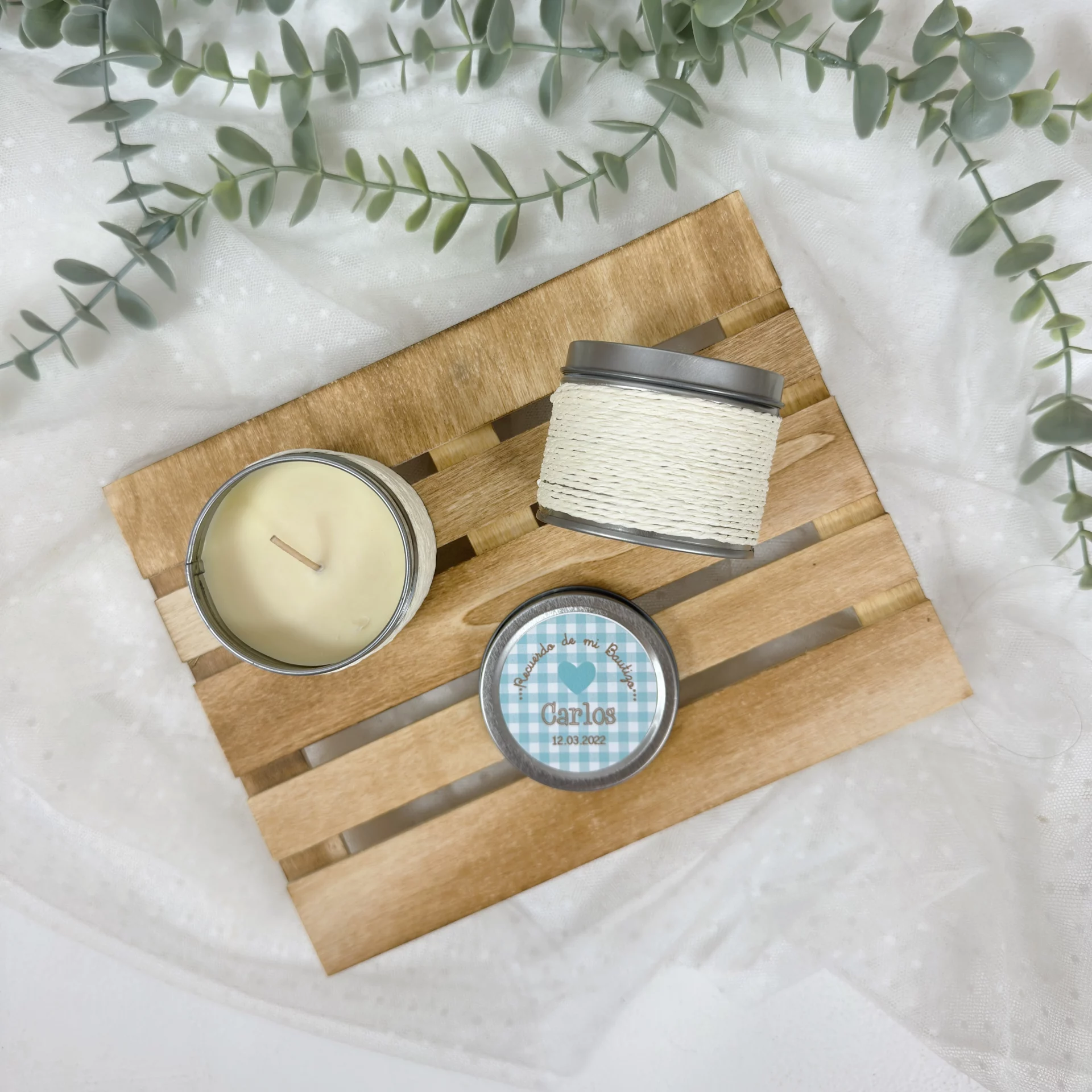 Vela Aromática Bautizo Personalizada CORAZON AZUL