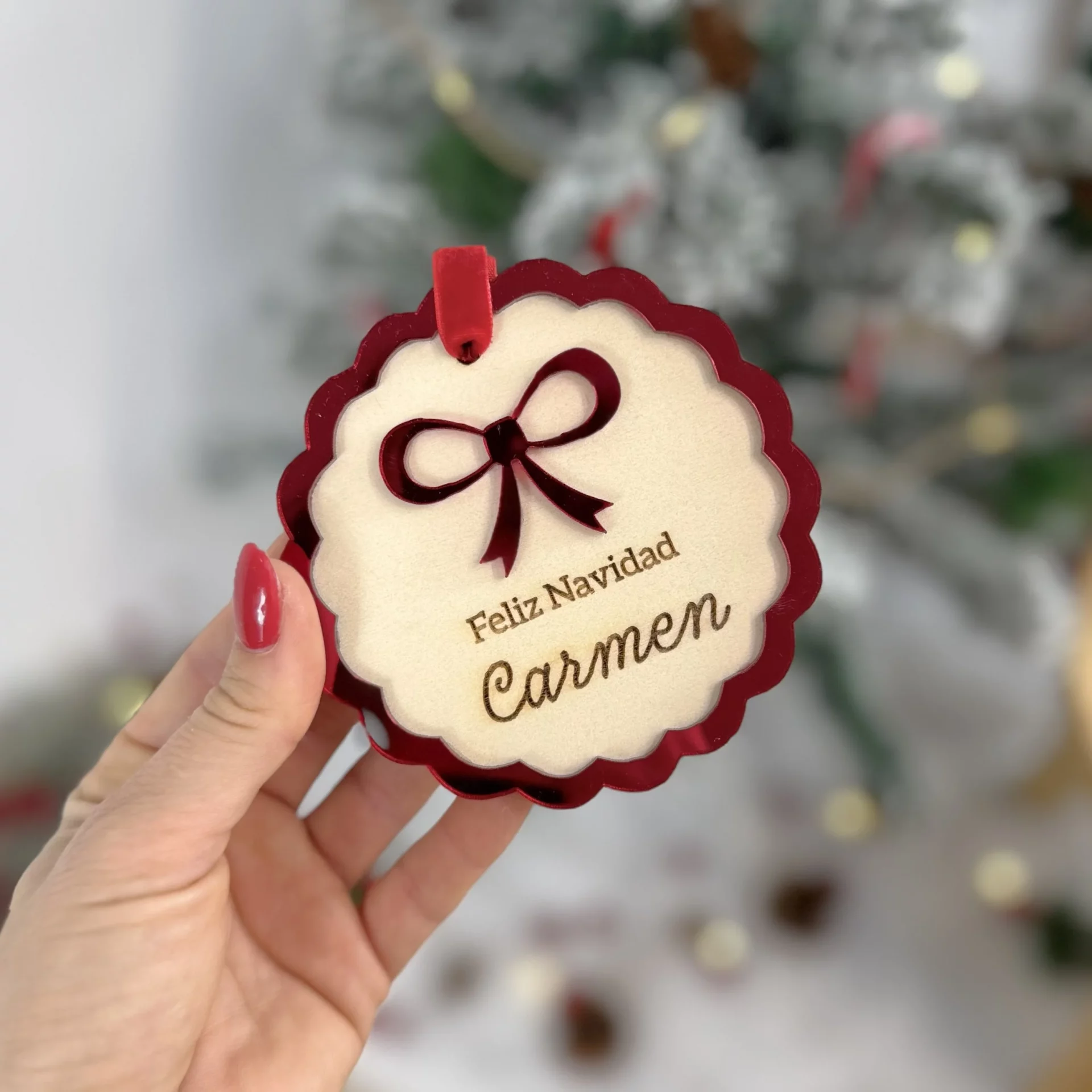 Adorno Navideño Personalizado ROJO ESPEJO LAZO