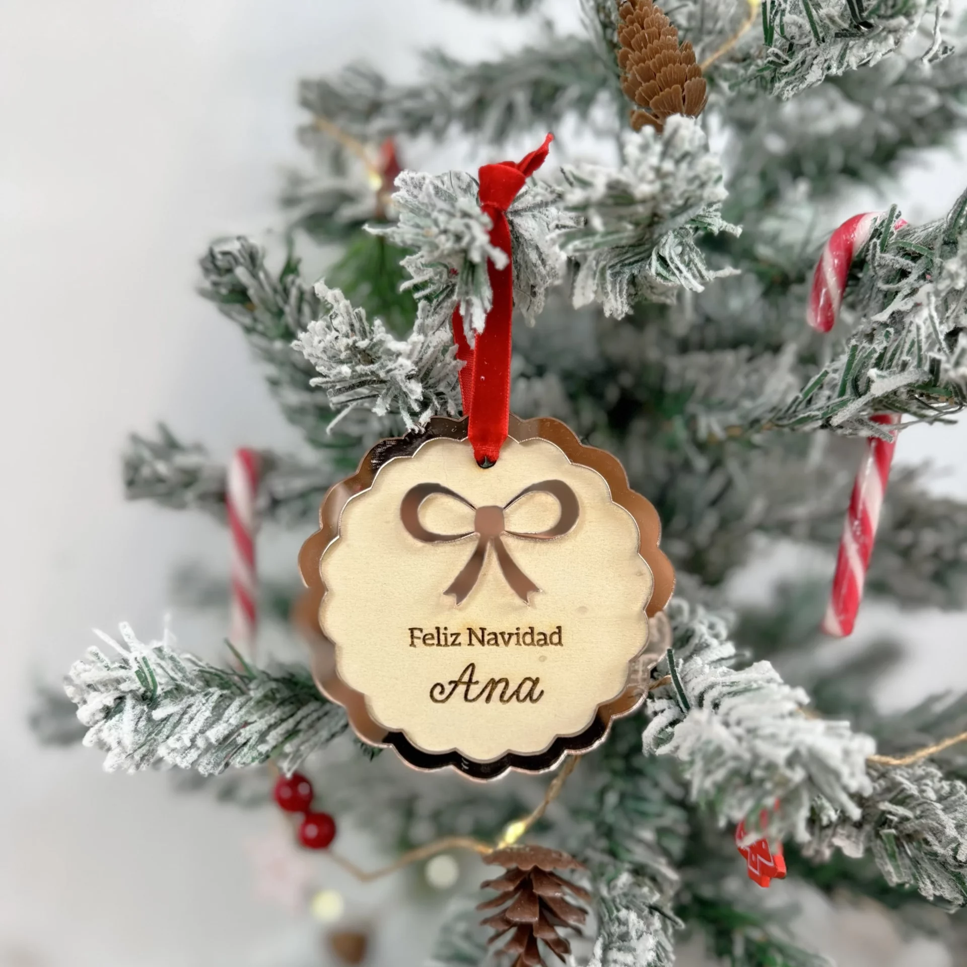 Adorno Navideño Personalizado ROSA ESPEJO LAZO