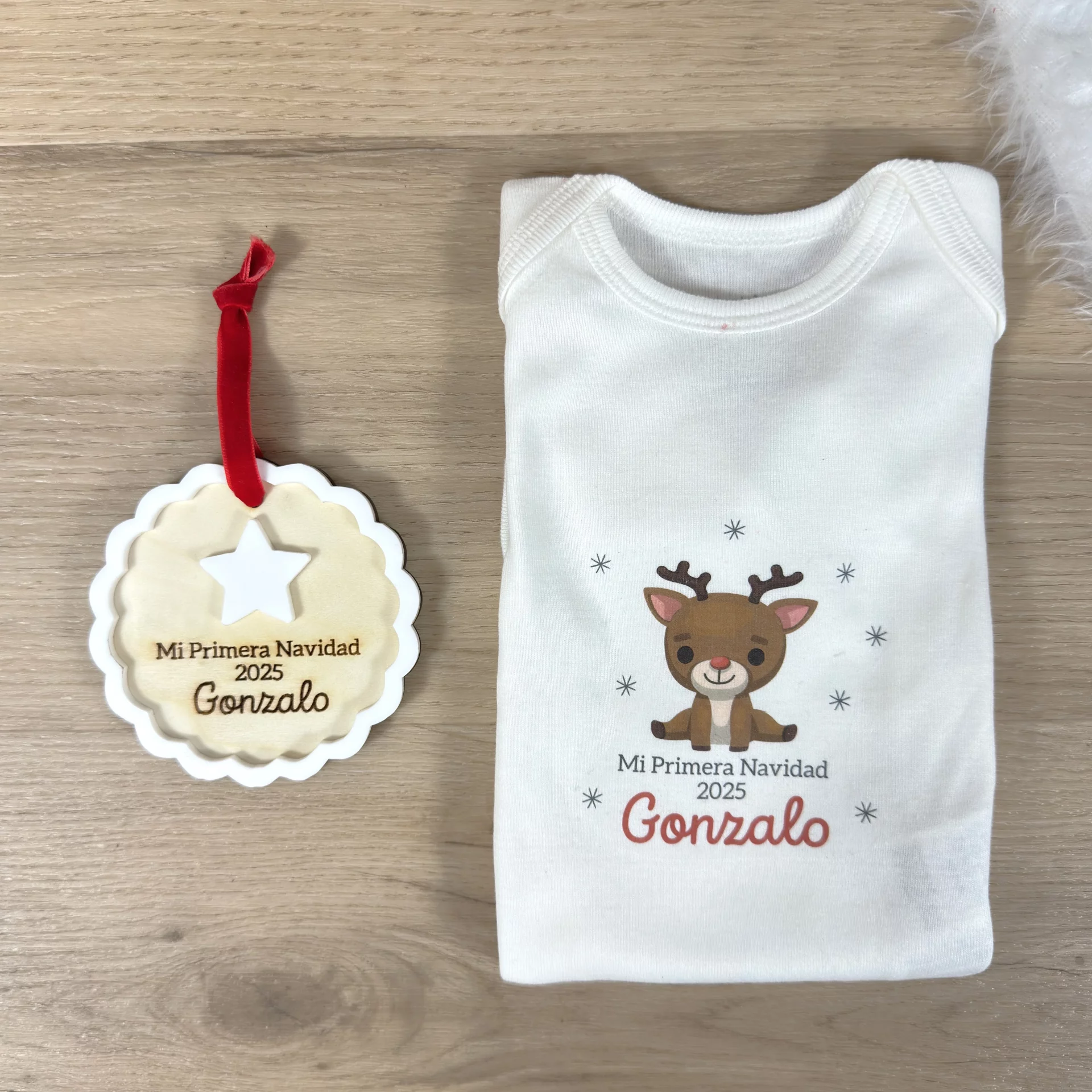 Pack Body Mi Primera Navidad personalizado con nombre y reno y adorno mi primera navidad