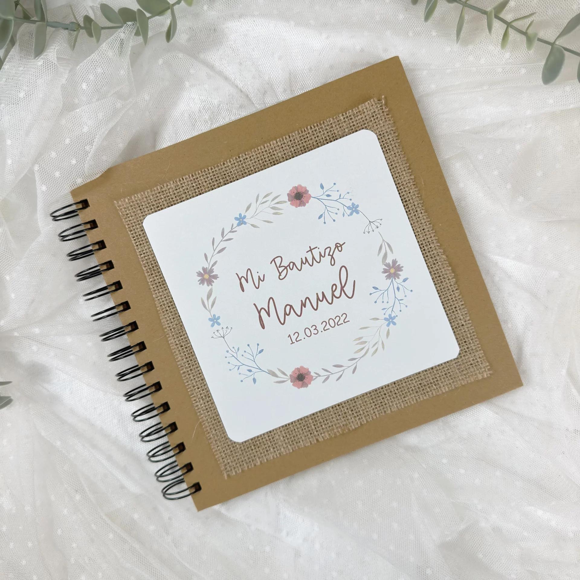 LIBRO DE FIRMAS BAUTIZO PERSONALIZADO CORONA DE FLORES