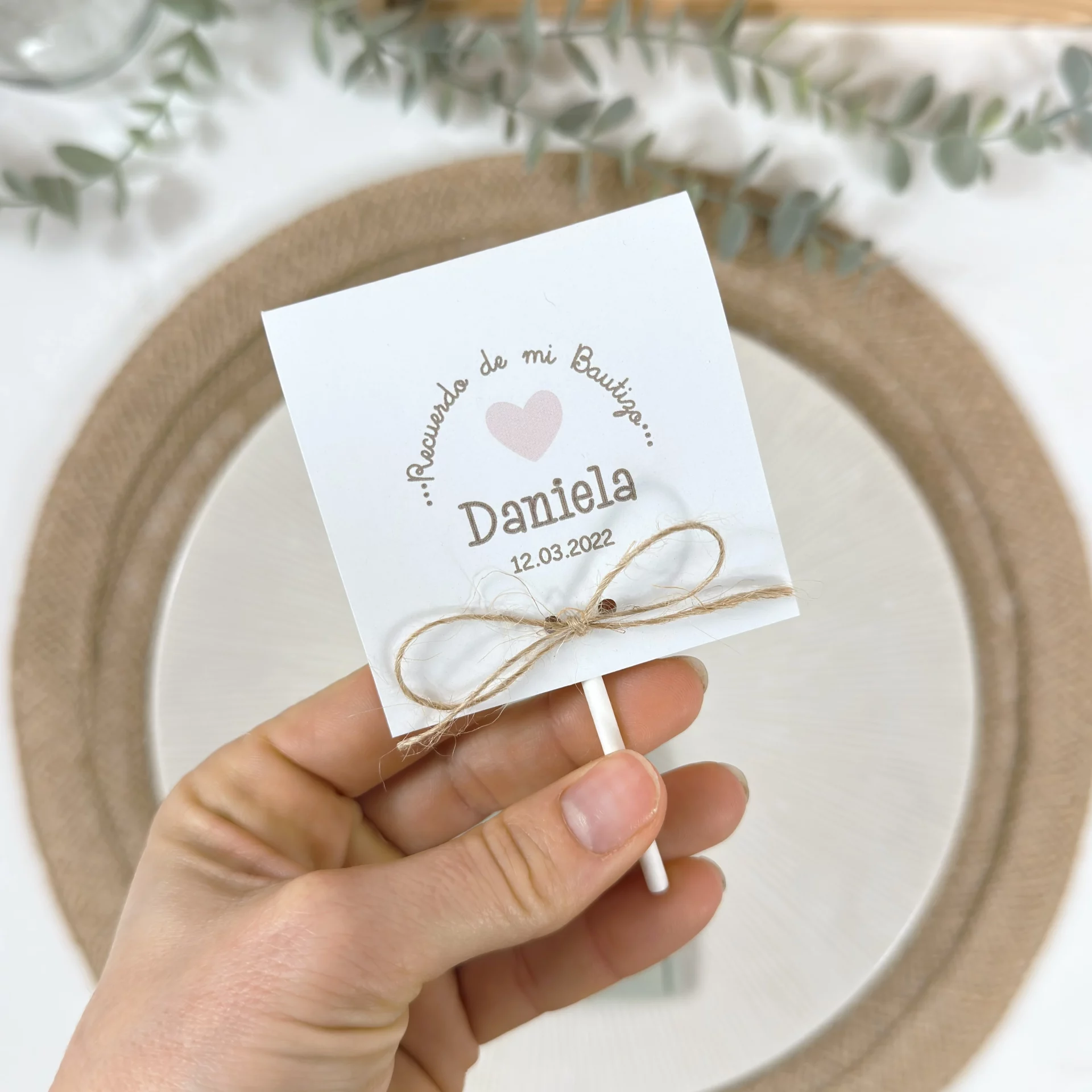 PIRULETA PERSONALIZADA BAUTIZO CORAZON ROSA