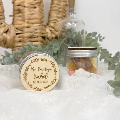 bote de chuches personalizado bautizo con tapa de madera