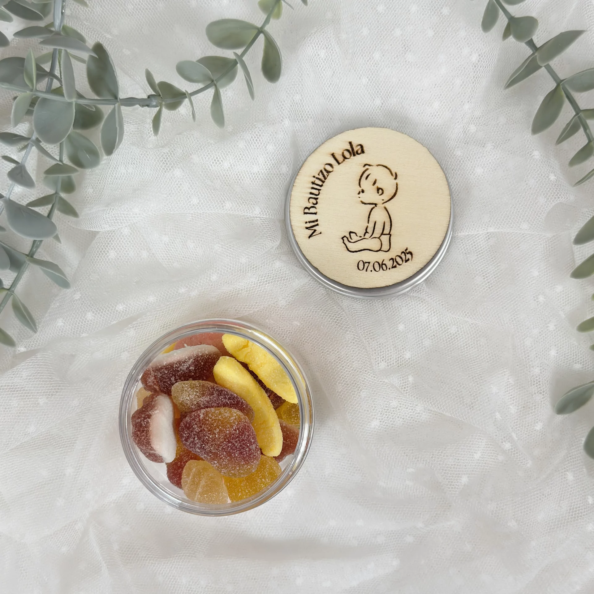 bote de chuches personalizado bautizo con tapa de madera BEBE