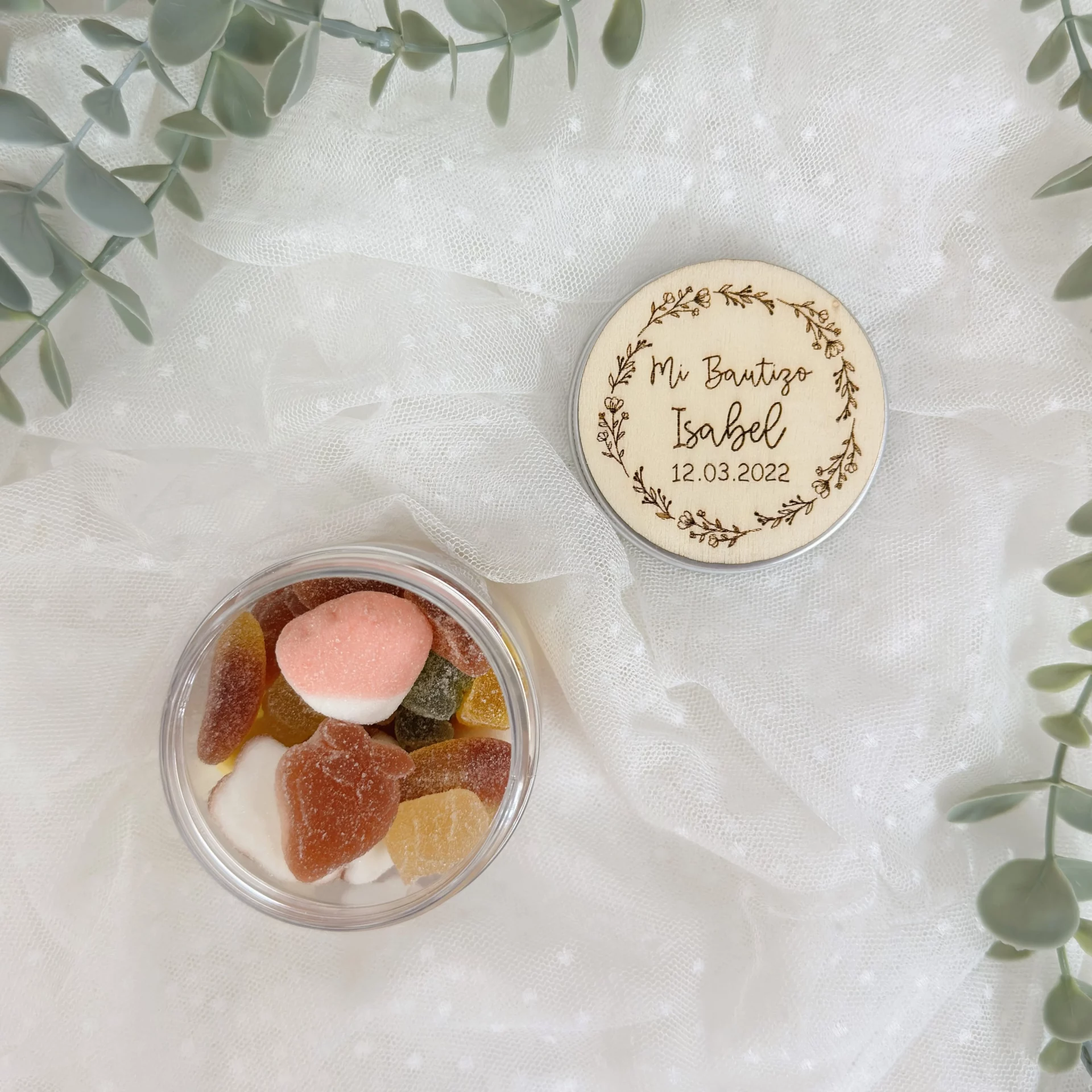 bote de chuches personalizado bautizo con tapa de madera FLORES