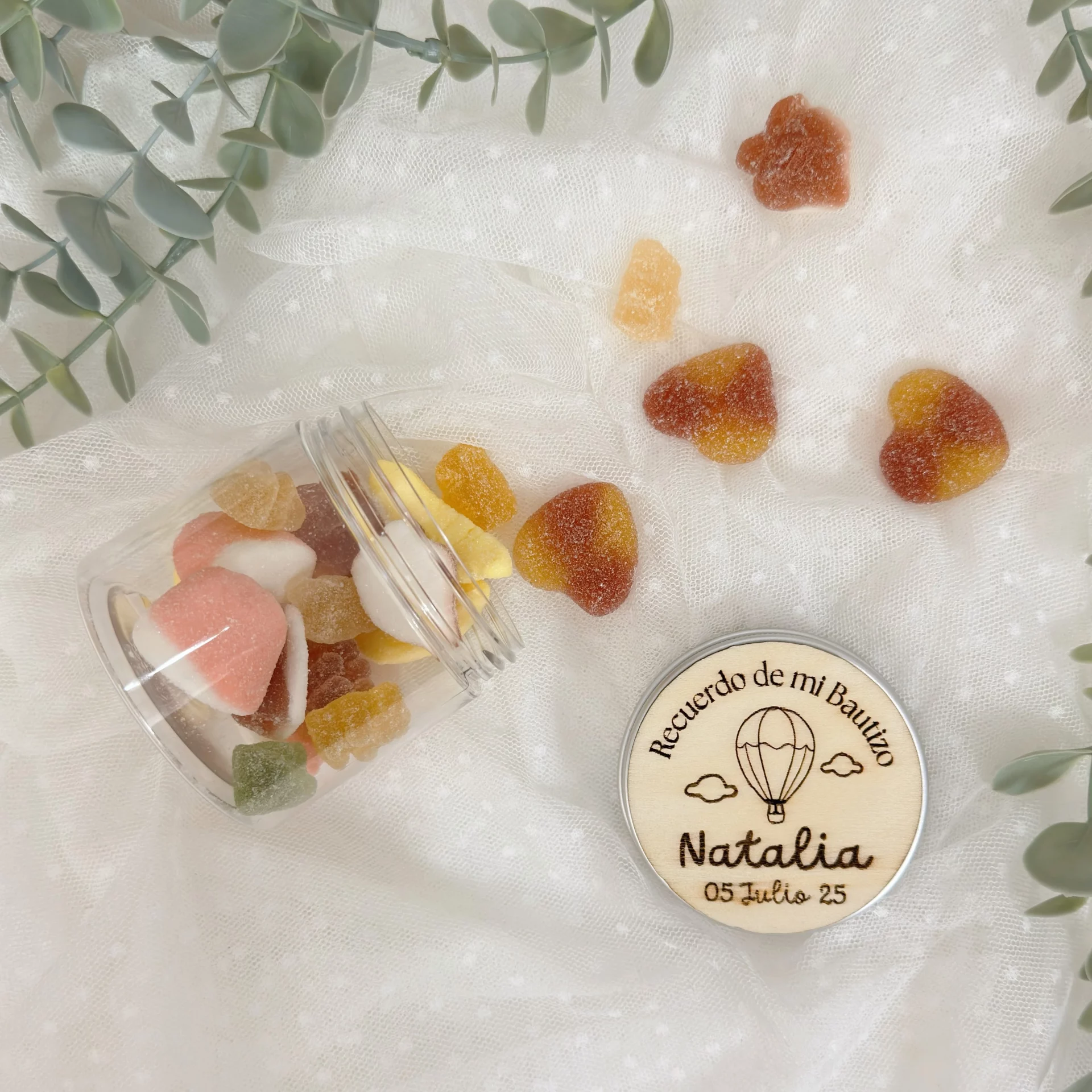 bote de chuches personalizado bautizo con tapa de madera GLOBO