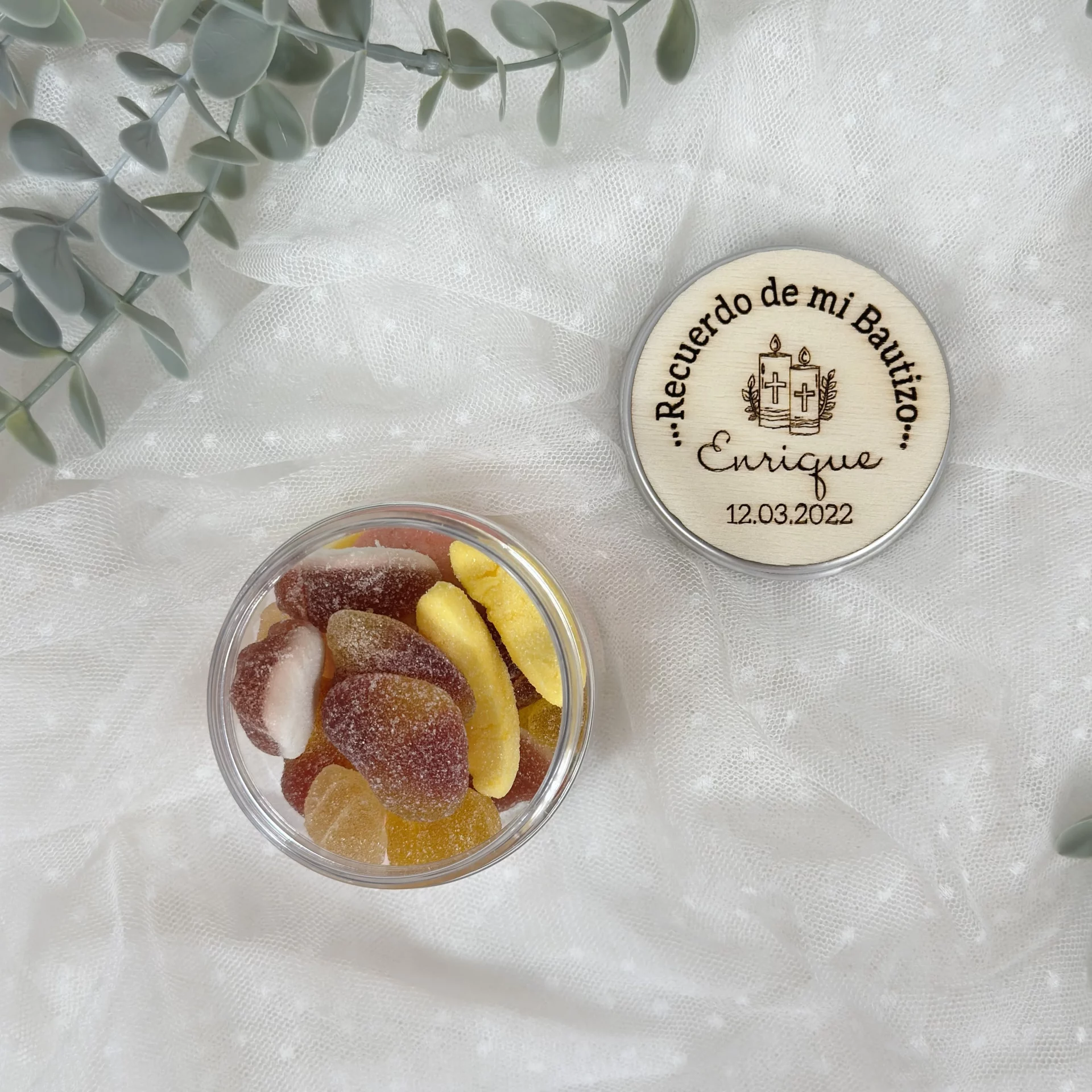 bote de chuches personalizado bautizo con tapa de madera VELAS