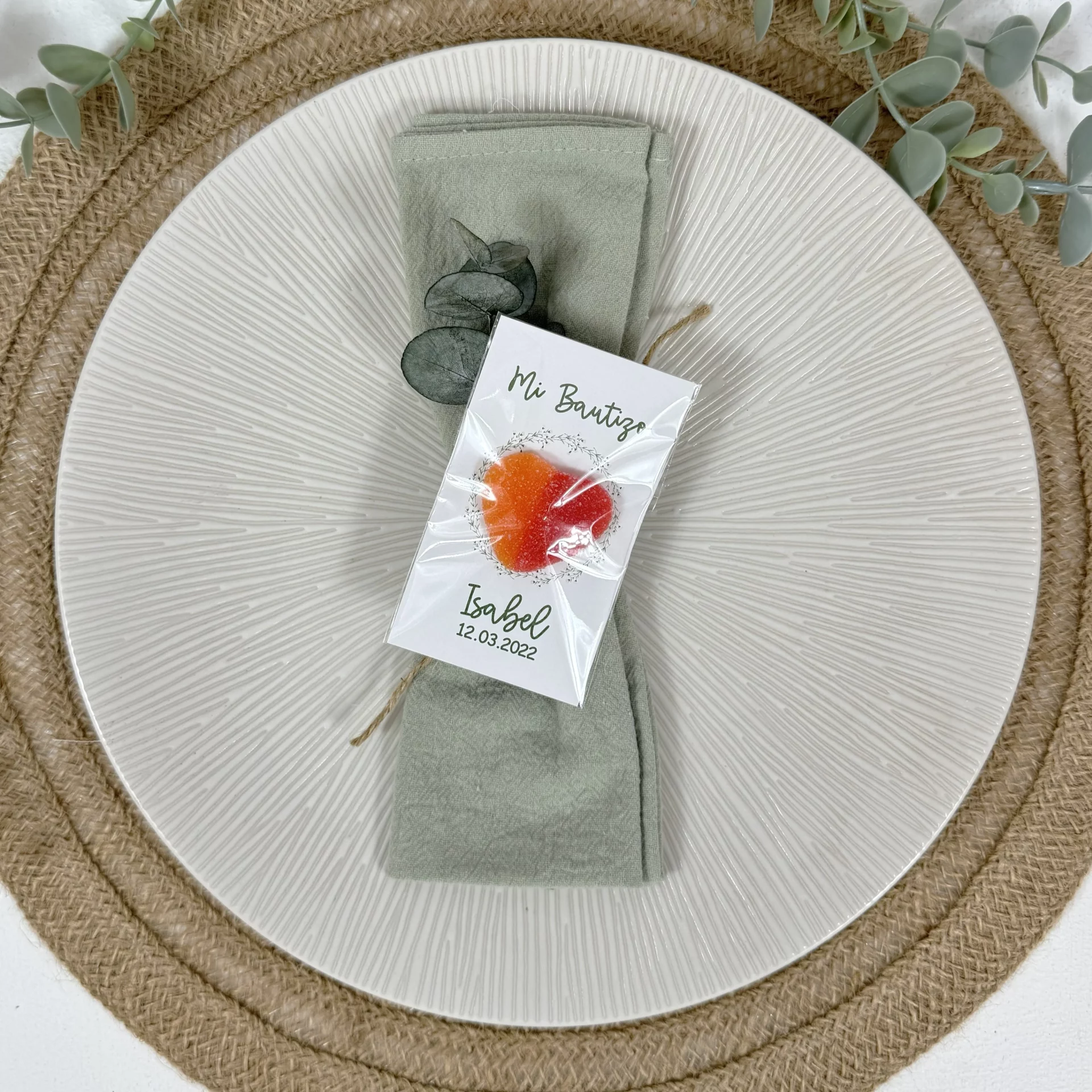 tarjeta agradecimiento bautizo con corazon personalizada FLORES