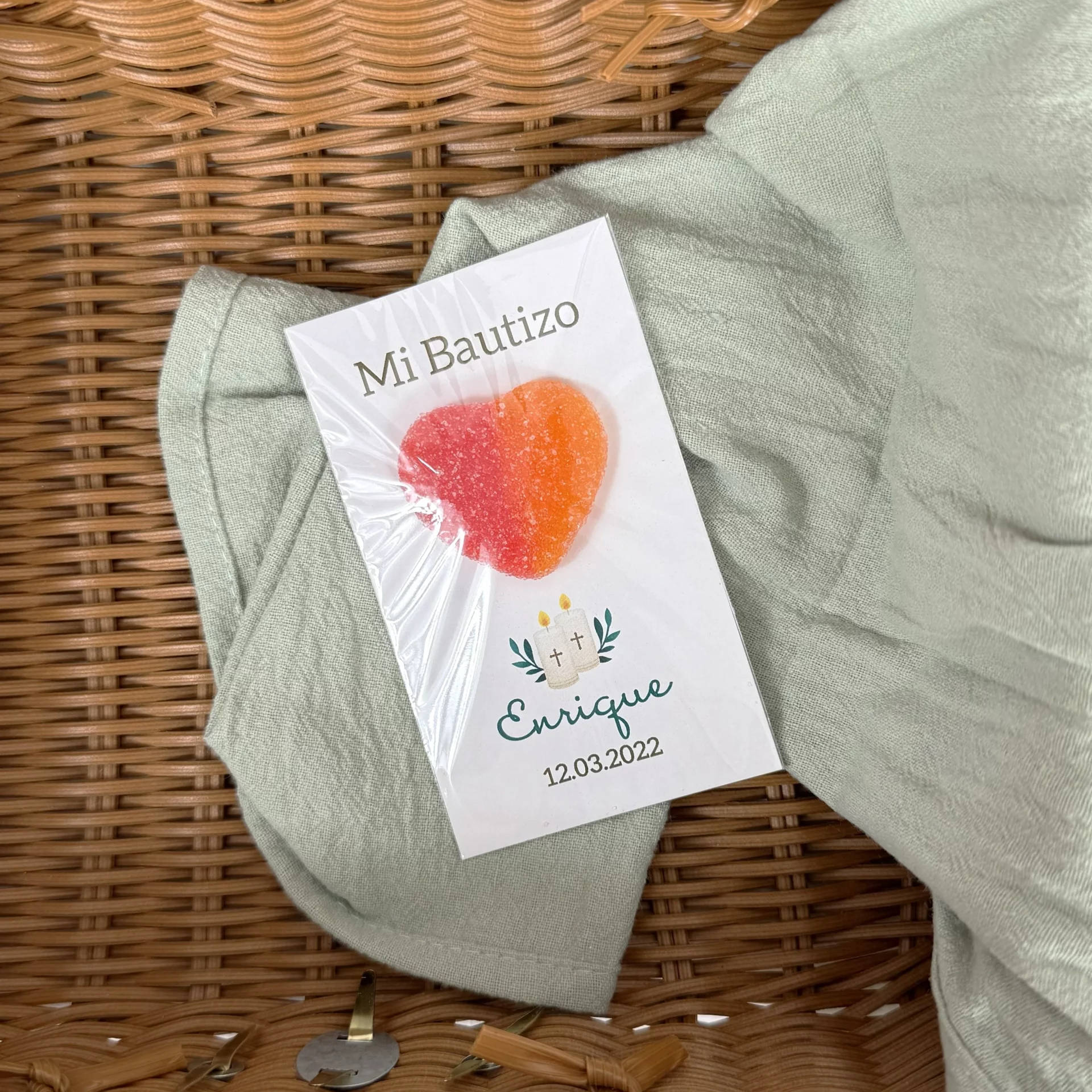 tarjeta agradecimiento bautizo con corazon personalizada VELAS