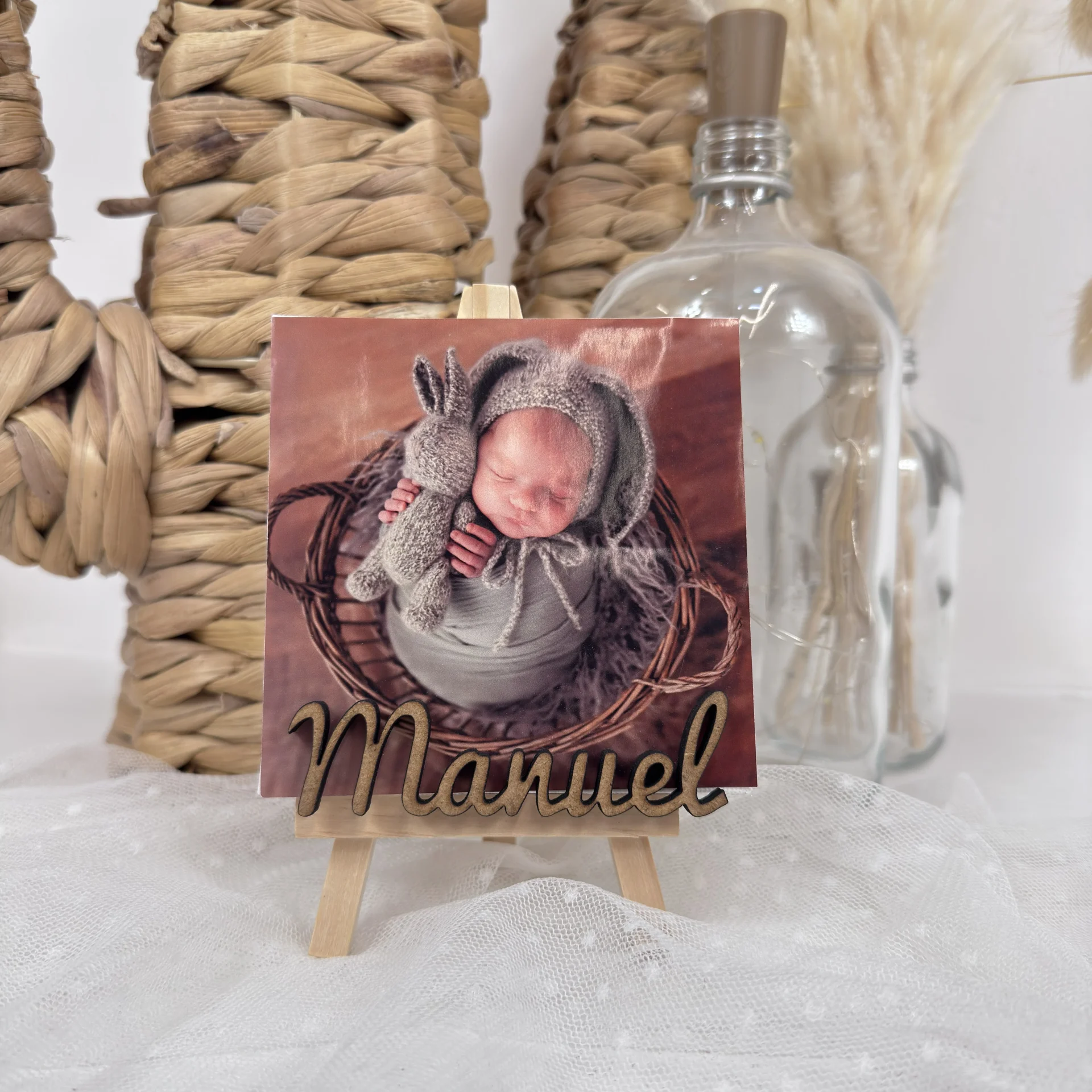 recuerdo bautizo con foto personalizado caballete madera nombre bebé