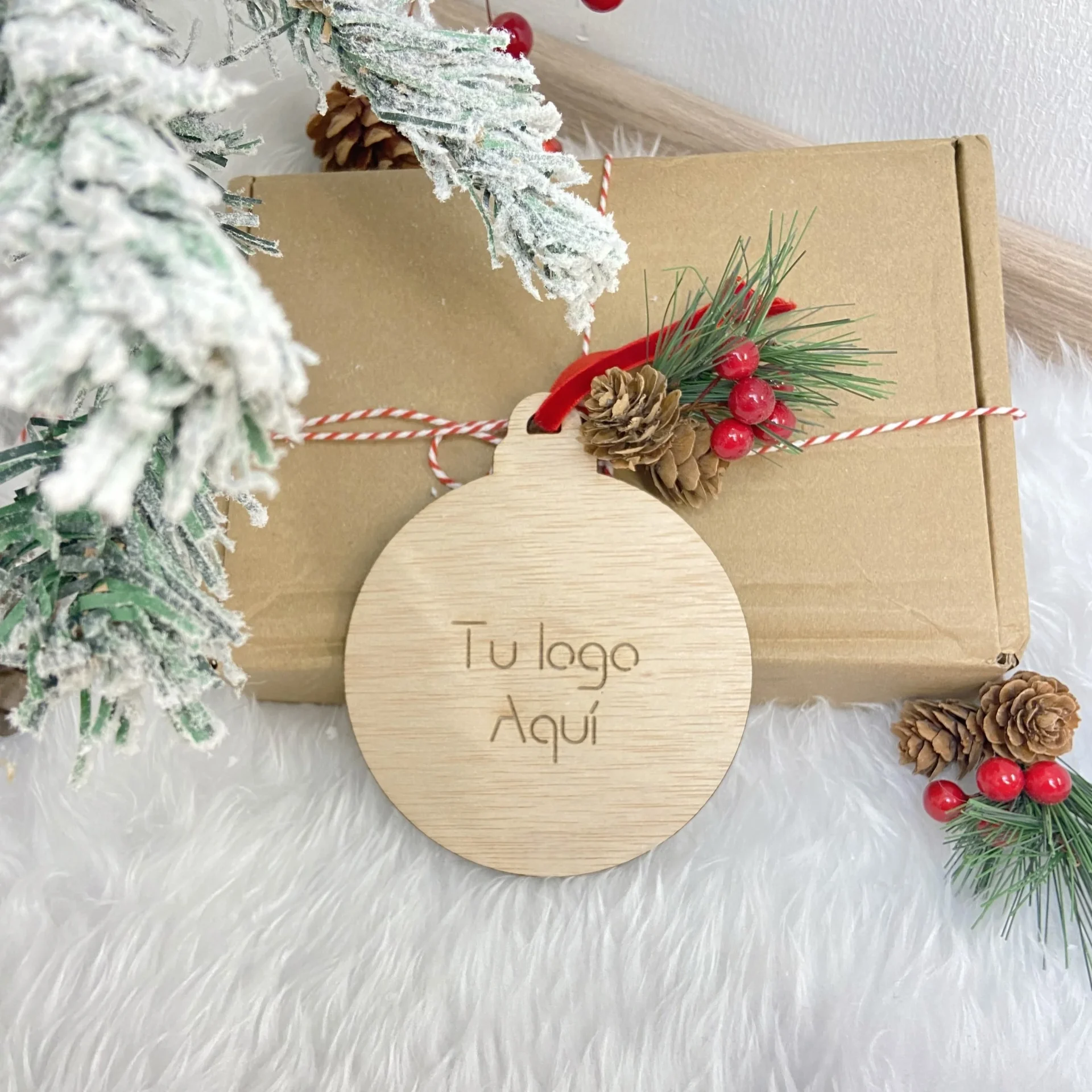 Bola de madera personalizada con logo de empresa para Navidad