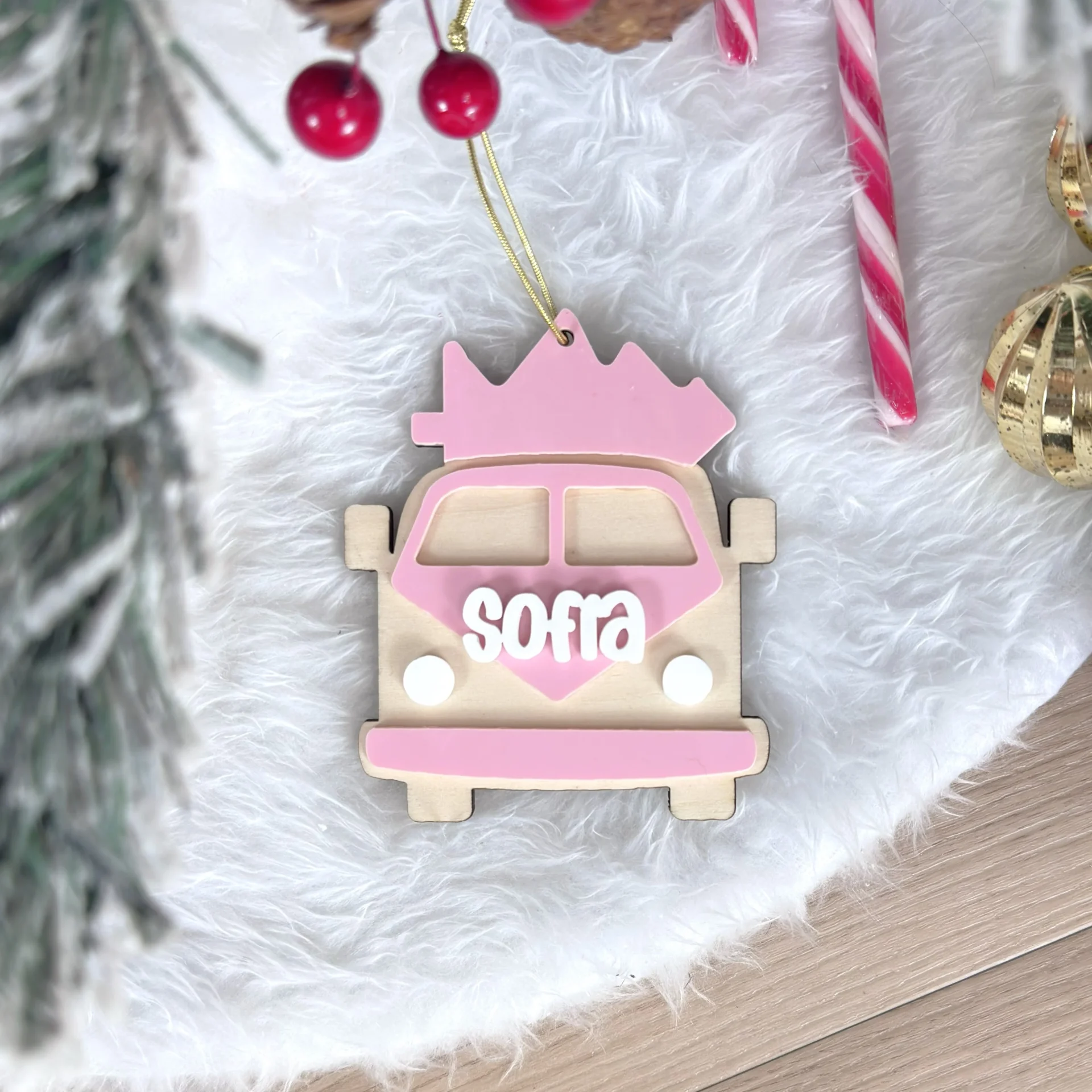 Adorno de Navidad Furgo personalizado en madera y metacrilato