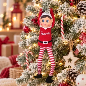 Elfo de Navidad personalizado con nombre Javier colgado del árbol de Navidad