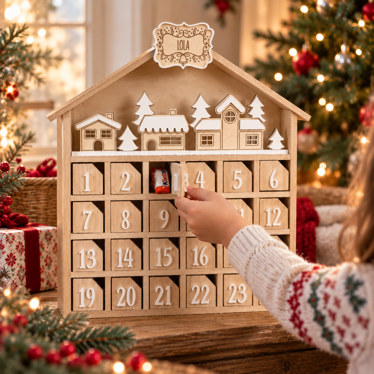 Niño abriendo calendario de Adviento personalizado de madera Niño abriendo calendario de Adviento personalizado de madera