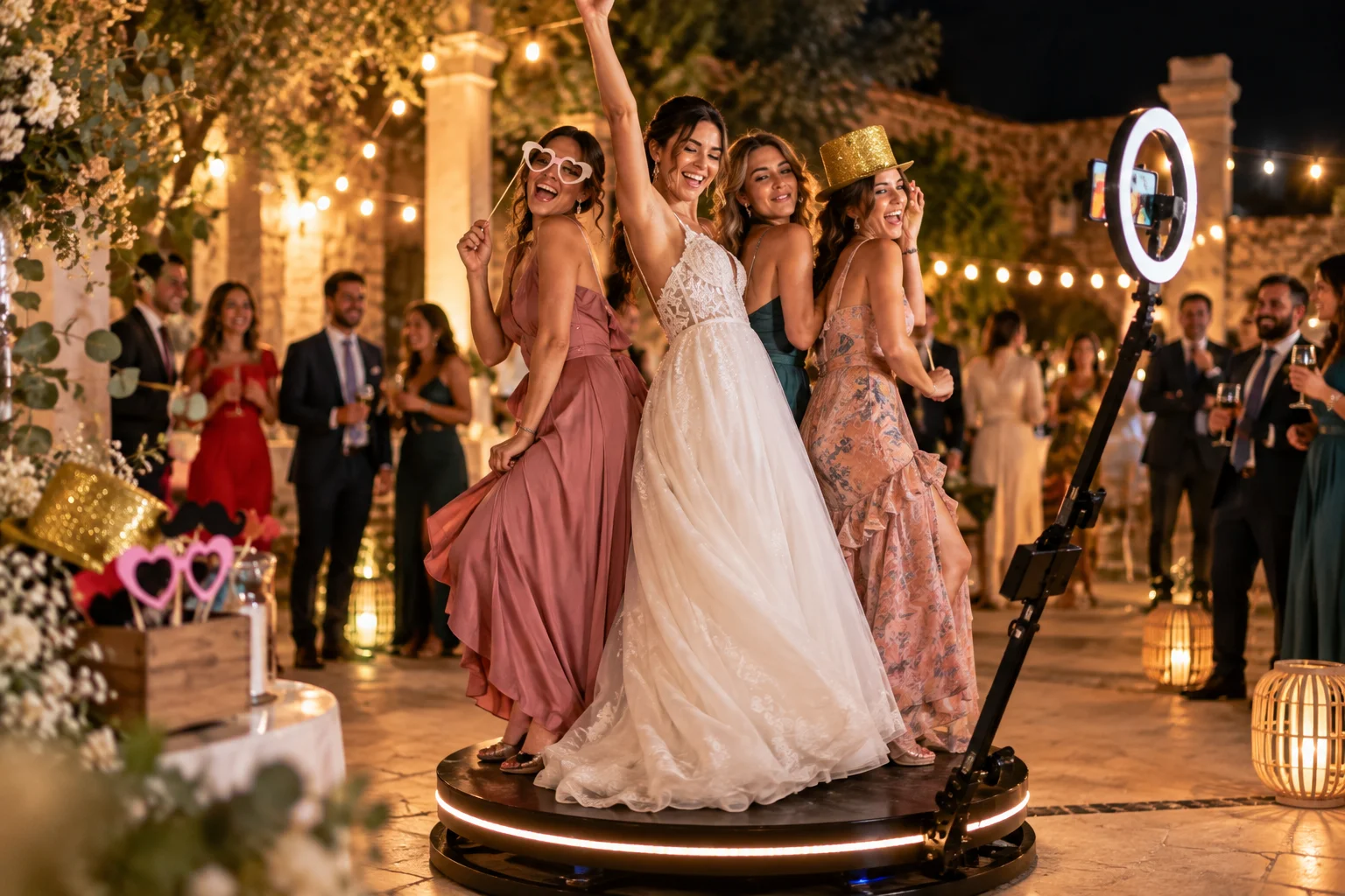Novias y risas bajo luces cálidas